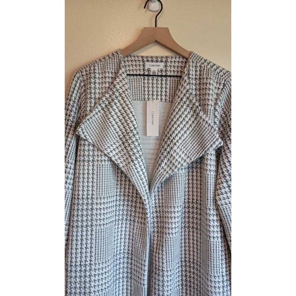 Calvin Klein L Grey Houndstooth Plaid Open Front Soft Knit Coatigan NWT - Picture 2 of 12